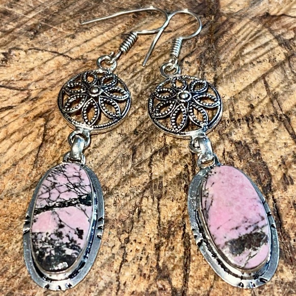 Peach Rhodochrosite Earrings 2 7/8” - Picture 7 of 9
